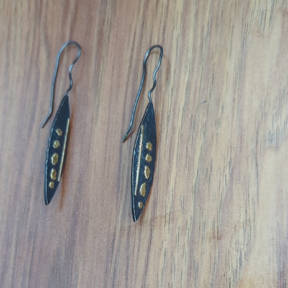 Delicate Black and Gold Leaf Drop Earrings - Women Jewelry